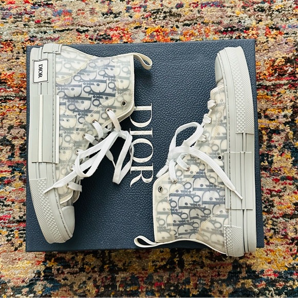 DIOR B23 White Grey Dior Oblique Mesh Canvas High Top Sneakers - Picture 6 of 10